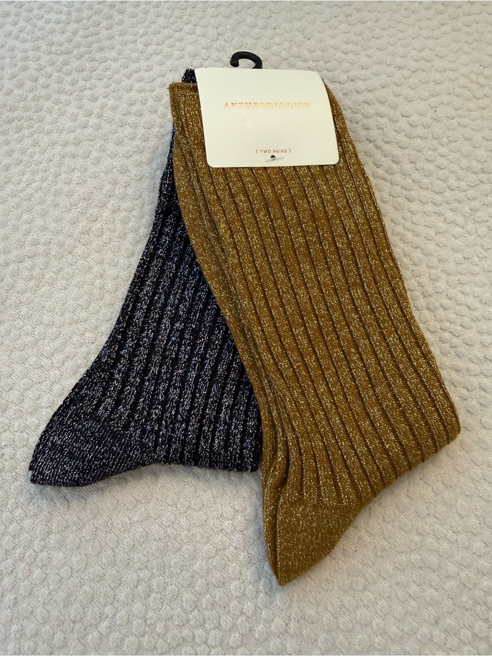 Anthropologie Shimmery Ribbed Crew Socks — Gold & Black NWT